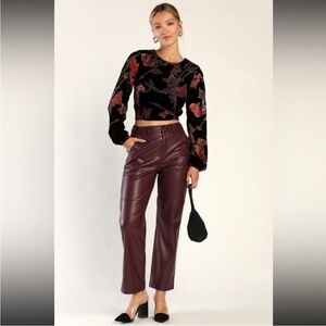 Maroon Straight Leg Faux Leather Pants